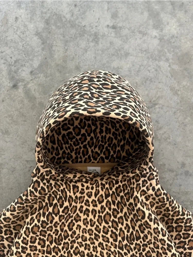 Vintage Leopard Hoodies Women Y2K Oversized Animal Print Hooded Sweatshirts Pullovers Retro Grunge Hip Hop Streetwear